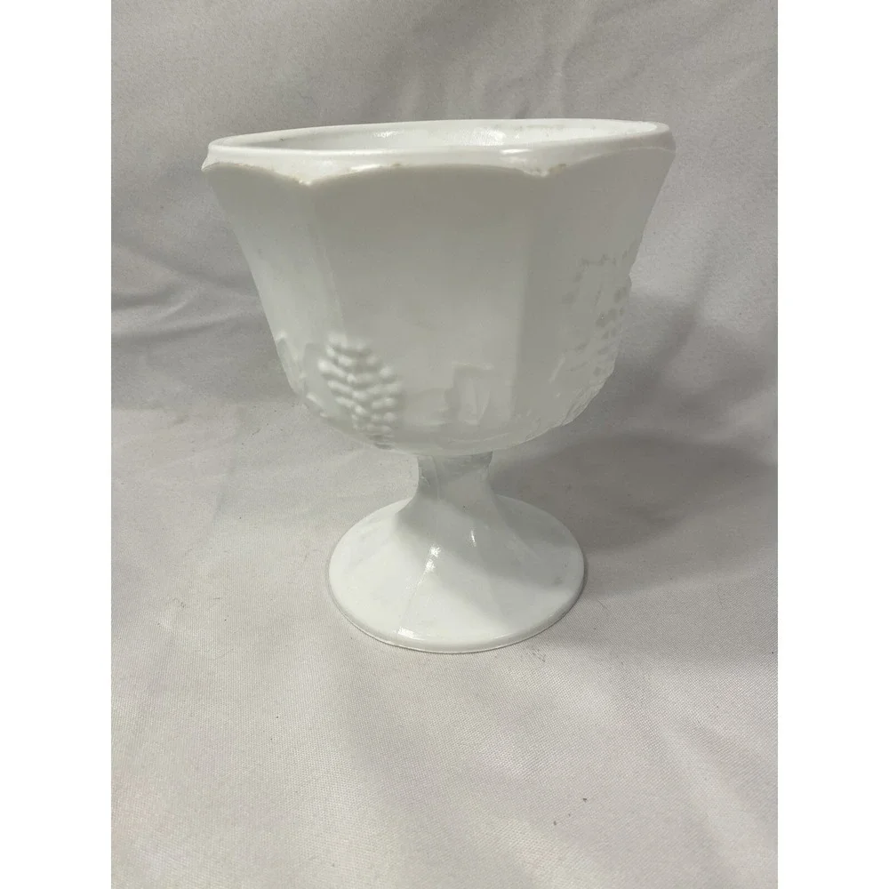 vintage milk white glass vase candy‎ bowl with grapes vines floral 6 inch tall